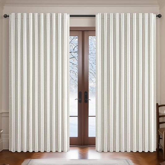 108 Inch Floor to Ceiling Blackout Curtains 60 Inches Wide for Sliding Glass Door,Luxury Pleated Cream Beige Linen Room Darkening Privacy for Wide Large Windows 66 to 120 Drapes(60"W x 108"L 2 Panels)