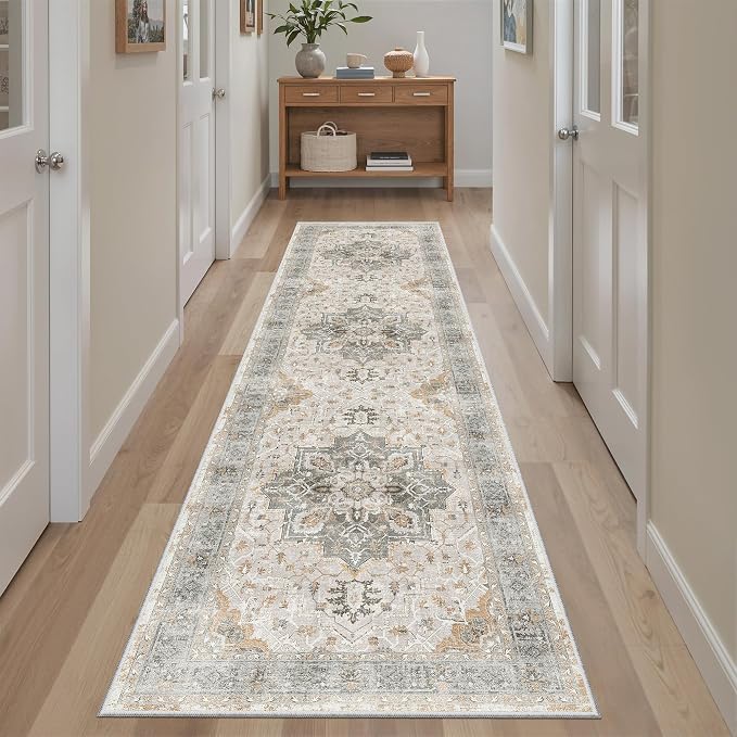 Madane Runner Rug 2x8, Washable Hallway Runner Rugs, Non-Slip Low-Pile Soft Kitchen Rug Runner Laundry Room Rug, Vintage Throw Entry Foyer Mat for Entrance Living Room (Light Taupe Brown, 2 x 8)