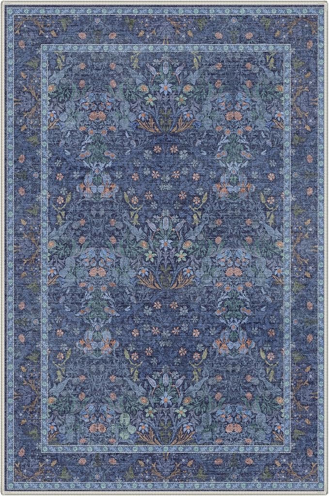 GENIMO 2x3 Washable Kitchen Rug, Non Slip Indoor Door Mat, Navy Slate | Vintage Boho Floral Low Pile Entryway Mat for Bathroom, Front Door and Laundry Room