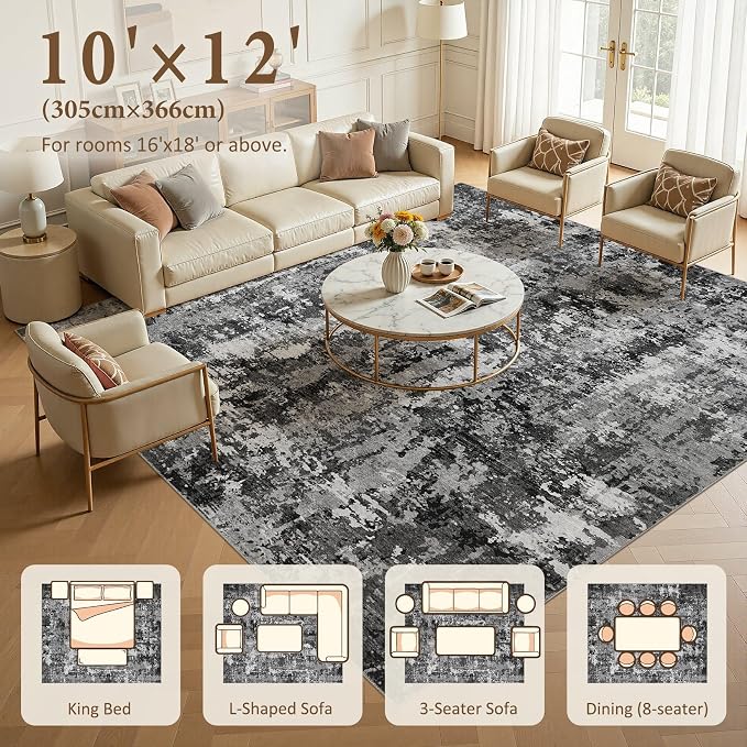 10x12 Area Rug Living Room Rugs: Washable Large Soft Abstract Modern Neutral Rug Stain Resistant & Non-Slip Low-Pile Carpet for Bedroom Dining Nursery Home Office Room Decor - Black