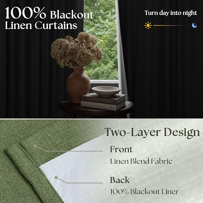 Pleated Blackout Olive Green Curtains 96 Inches Long 2 Panels Set for Bedroom Living Room Darkening Linen Blend Back Tab Pinch Pleat Memory Shape with Liner Soundproof 96 Inch Window Curtains