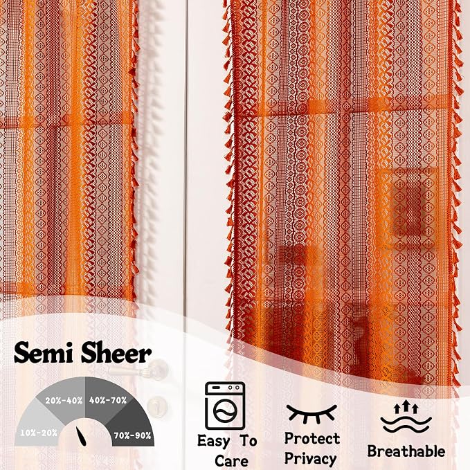 Sutuo Home Burnt Orange French Door Curtain for Glass & Sidelights, Bohemian Tassels Vintage Chic Patio Privacy Drapes for Front Door Halloween Decor, Rod Pocket 2 Panels 25" W x 40" L,Terracotta