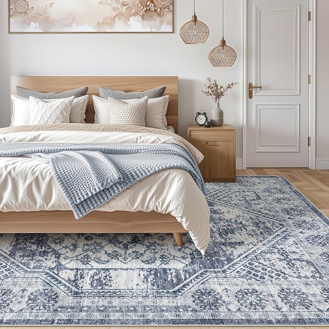 Vintage Living Room Area Rug 5x7 - Large Soft Washable Oriental Traditional Distressed Farmhouse Rugs for Bedroom - Indoor Floor Accent Carpet for Home Office House Decor - Distressed Blue