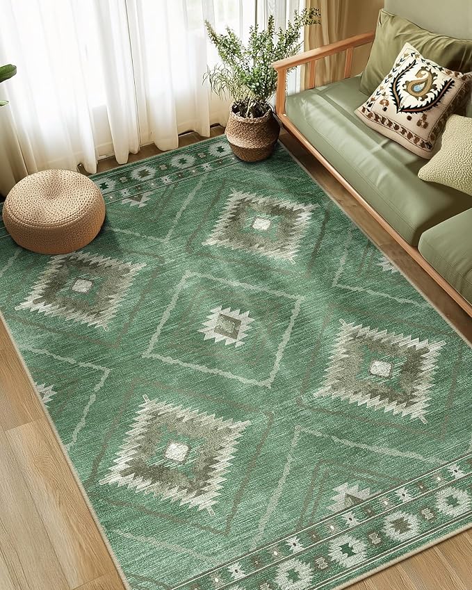 BESTSWEETIE Area Rug 6x9 Rug Machine Washable Rug Non-Slip Low Pile Print Pattern Western Rug for Living Room Bedroom Entryway Tribal Series -Sage