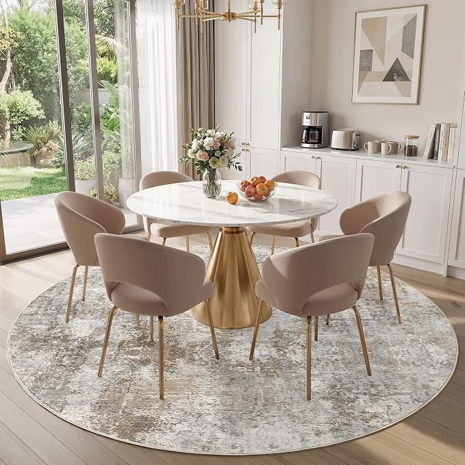 WITSHOCK Area Rugs 8ft Round Living Room Rug - Washable Neutral Soft Low Pile Non-Slip Modern Abstract Thin Large Indoor Carpet for Bedroom Dining Room Nursery Office - Light Brown Grey