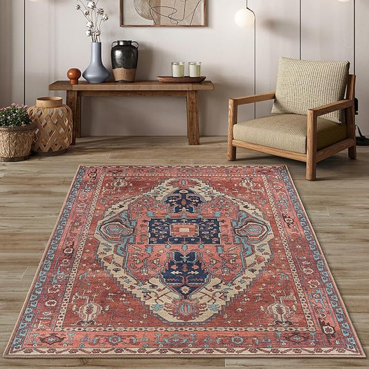 Brick Color Oushak Large Area Rug 9x12 - Washable Vintage Turkish Non-Slip Backing Pastel Oversized Large Rugs for Living Room Dining Room, Bedroom, Lounge, Farmhouse
