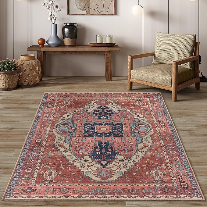 Brick Color Oushak Large Area Rug 8x10 - Washable Boho Rug Vintage Turkish Non-Slip Carpet Non-Shedding Extra Large Area Rugs for Living Room, Dining, Bedroom, Lounge, Farmhouse