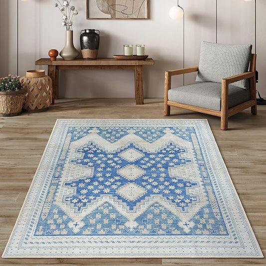 Beige Blue Oushak Large Area Rug 9x12 - Washable Vintage Turkish Non-Slip Backing Pastel Oversized Large Rugs for Living Room Dining Room, Bedroom, Lounge, Farmhouse