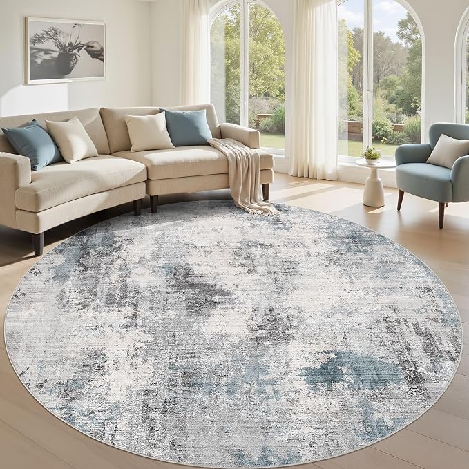 Abstract 9FT Round Rug: Machine Washable Non Slip Ultra Thin Low-Pile Carpet, Soft Stain Resistant for Living Dining Room Bedroom, Kid Pet Friendly, Robot Vacuum Compatible - Grey Blue