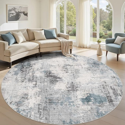 Abstract 9FT Round Rug: Machine Washable Non Slip Ultra Thin Low-Pile Carpet, Soft Stain Resistant for Living Dining Room Bedroom, Kid Pet Friendly, Robot Vacuum Compatible - Grey Blue