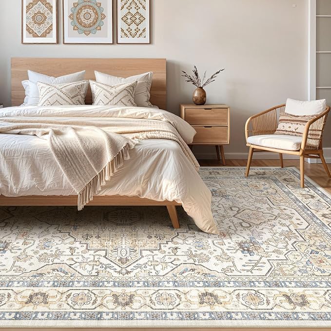 10x14 Area Rugs Living Room: Washable Boho Large Neutral Vintage Soft Rug Stain Resistant Farmhouse Non-Slip Indoor Floor Carpet for Bedroom Nursery Kids Playroom Office Dining Room- Sand Blue
