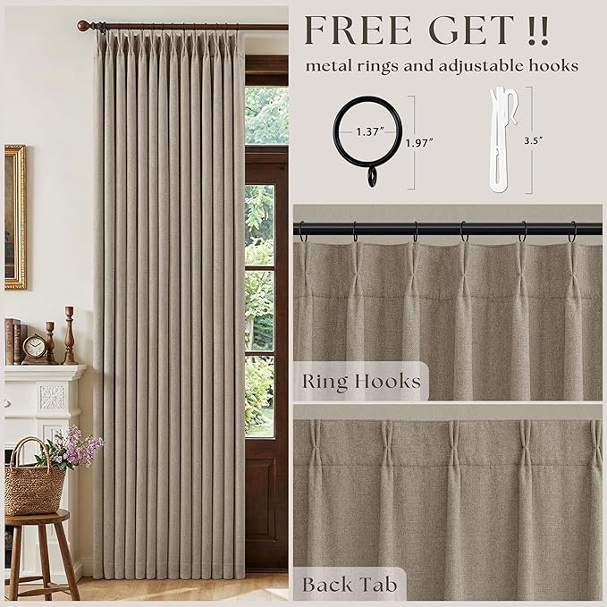 Deep Flax Linen Pinch Pleated Blackout Curtains 84 Inches Long for Bedroom Living Room Darkening 100% Black Out Pinch Pleat Drapes with Liner Light Taupe Neutral 84 Inch Curtain for Dining Room
