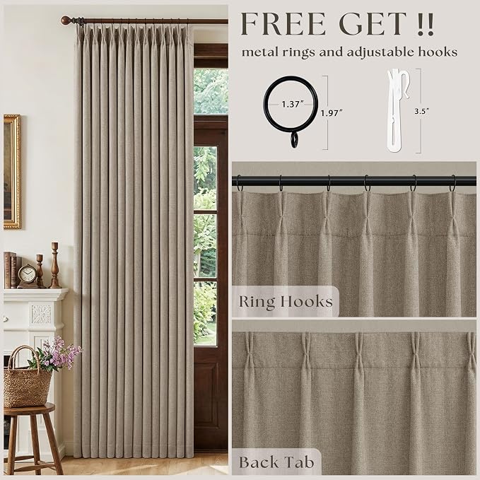 Deep Flax Greige Pinch Pleated 100% Blackout Linen Curtains 90 Inch Length 2 Panels Set Pinch Pleat Curtains Black Out Light Blocking Room Darkening Drapes with Liner for Bedroom Living Room Window