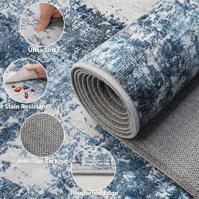 Area Rug 9x12 Living Room: Large Washable Rug with Anti-Slip Backing Non-Shedding Stain-Resistant Soft Abstract Carpet for Bedroom Dining Room Nursery Home Office (Blue)