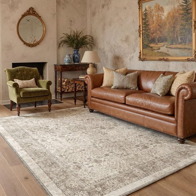 Bavni Washable Rugs 6x9 Machine Washable Rug Lightweight Low Pile, Vintage Floral Rug Non-Shedding Distressed Throw Carpet for Living Room Bedroom Office, Beige