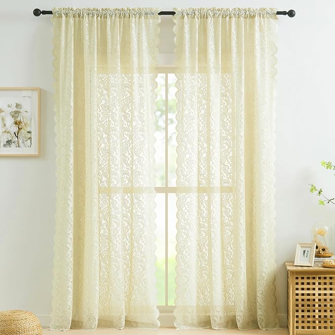 Bujasso Ivory Sheer Lace Curtains 63 inch Vintage Floral Sheer Window Curtain Panels for Living Room Bedroom Elegant Light Filtering Ivory Drapes Window Treatment Sets Rod Pocket 2 Panels 54" Wx63 L