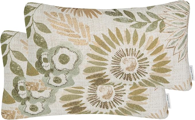 Mika Home Pack of 2 Decorative Oblong Rectangular Throw Pillow Cover Cushion Cases for Chair,Sunflower Pattern,12x20 Inches, Green Cream