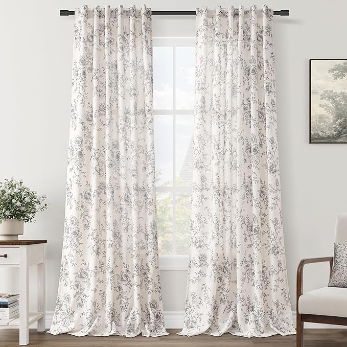 Meikelor Floral Linen Curtains 108 Inch Length for Living Room - Black and Cream Patterned Drapes, Sketch Print, Burlap Textured, Rustic Farmhouse Country, Shabby Chic Extra Long 9 FT