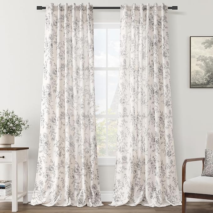 Floral Linen Curtains for Dining Room 86 inch length 2 panels Neutral Cream Black Pattern Printed Curtains Living Room Back Tab Semi Sheer Drapes Vintage Farmhouse French Country Curtain for Bedroom