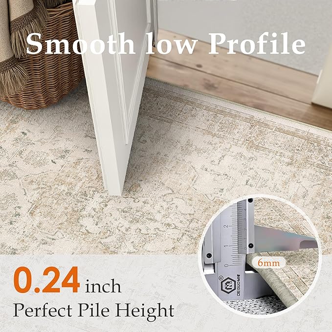 PureCozy Entryway Area Rug 3x4 Washable Beige Vintage Distressed Carpet Oriental Soft Thin Indoor Mat for Office Non Slip Low Pile Throw Rug for Kitchen Bathroom Bedroom Dining Living Room