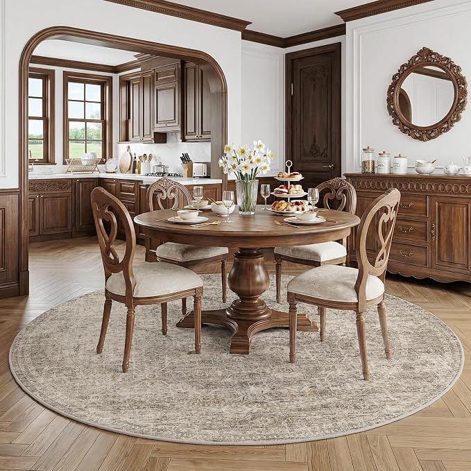 FMFUNCTEX 5ft Round Washable Area Rug Taupe Vintage Neutral Distressed Non Slip Carpet for Living Room Bedroom Soft Low Pile Indoor Mat Retro Floral Thin Rug for Dining Room Office Nursery Bedside