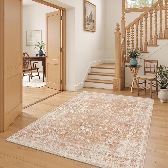 Madane Washable Area Rug 4x6, Low Pile Stain Resistant Vintage Area Rugs, Non Slip Accent Rug Floral Print Indoor Mat for Entryway Living Room Kitchen Bedroom, Jasper Orange