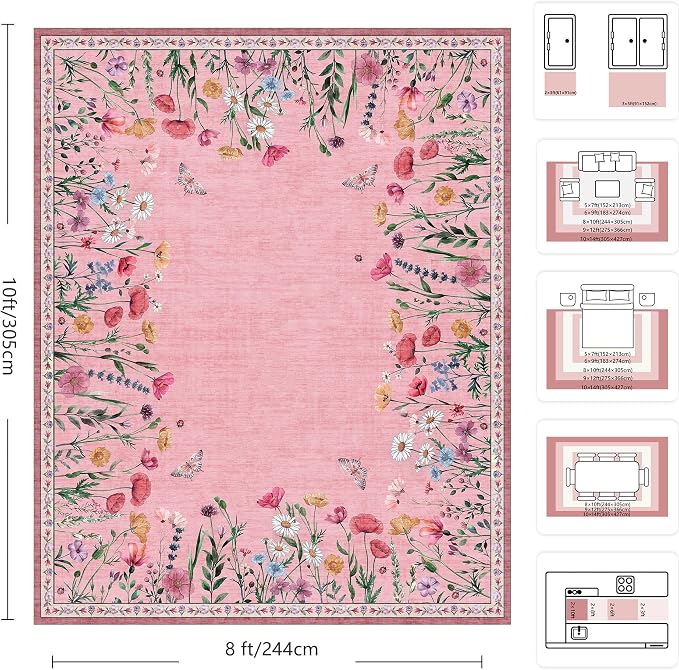 8x10 Area Rugs, Machine Washable Low Pile Floral Rugs for Living Room, Bedroom, Large Area Rug with Non-Slip Backing for Dining Room(Pink)