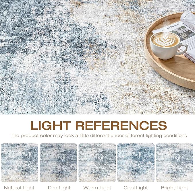 10x13 Area Rug Living Room: Washable Large Neutral Rug Abstract Soft Modern Stain Resistant Indoor Floor Non-Slip Carpet for Bedroom Nursery Kids Office Playroom Dining Room Under Table- Blue Gold