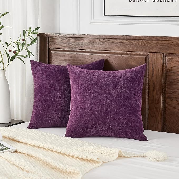 GAWAMAY Decorative Throw Pillow Covers 16x16 Inch Set of 2, Super Soft Chenille Square Pillows Farmhouse Fall Pillowcase for Living Room Bedroom Sofa Couch Cushion Cover Purple 40x40cm (No Insert)