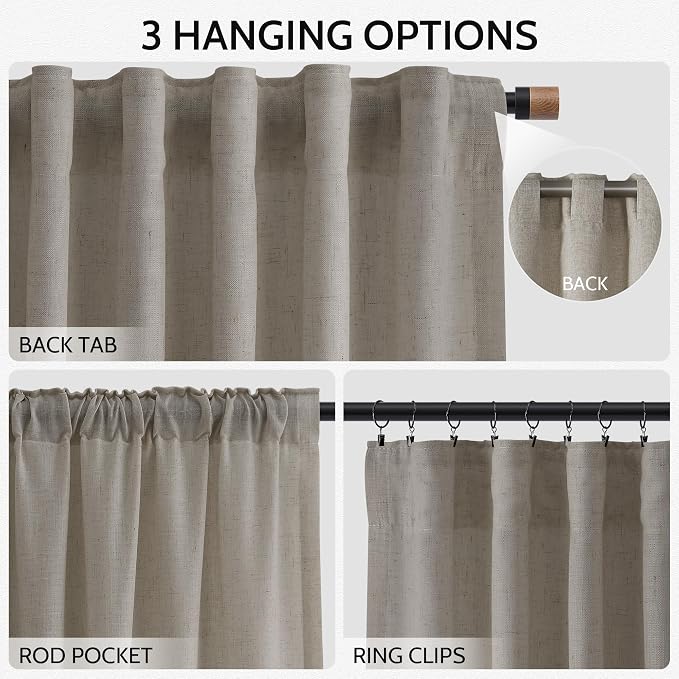 Nanspring Grey Beige Linen Curtains 96 Inches Long for Living Room Simple Modern Luxury Light Filtering Semi Sheer Curtain Back Tab Flax Boho Neutral Gray Drapes for Bedroom Office 52x96, 2 Panels