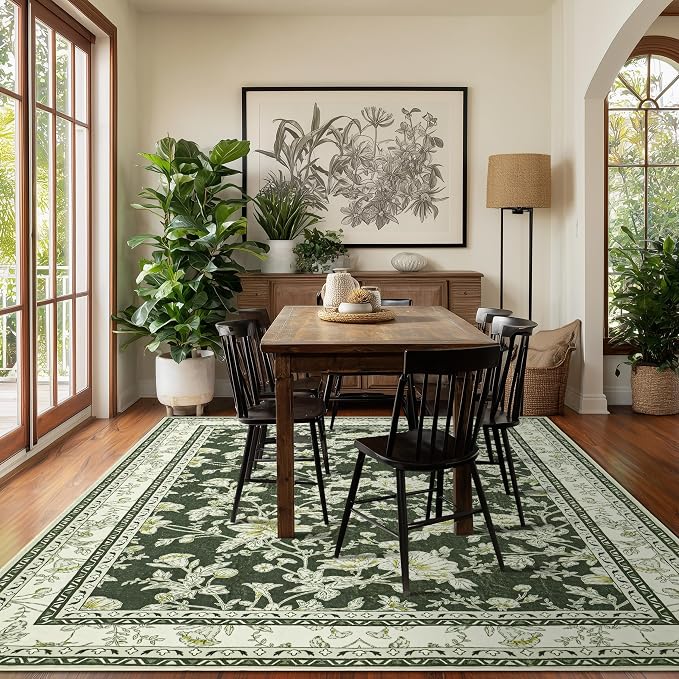 Olive Green Boho 9x12 Rug Living Room Extra Large Washable Non Slip Soft Farmhouse Carpet for Bedroom Dining Room Playroom Cream Beige and Green Peony Lily Aesthetic Pattern Floral Area Rug