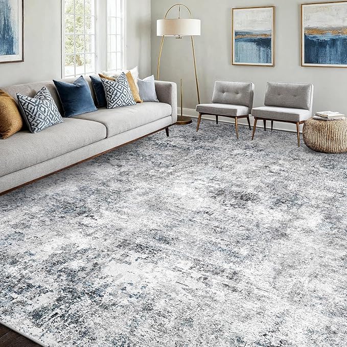 12x12 Square Living Room Area Rug - Washable Large Non-Slip Rug Modern Abstract Floor Carpet Neutral Thin Low-Pile Indoor mat for Bedroom Dining Room Playroom (Blue Gray,12x12)