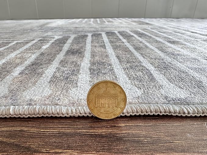 GLN Rugs Contemporary Collection - Machine Washable Area Rug, Contemporary Washable, Non Slip, Low Pile Chenille Rug, Living Room, Bedroom, Kitchen Rug (3' x 5' Lines Cream)