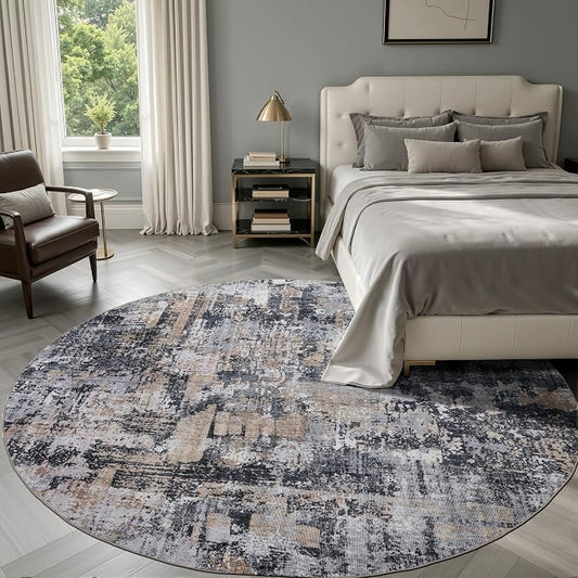 Sasttie 6ft Soft Round Area Rug, Modern Abstract Washable Circle Carpet for Living Room, Bedroom, Dining Room Table, with Non-Slip Backing, Black and Cream
