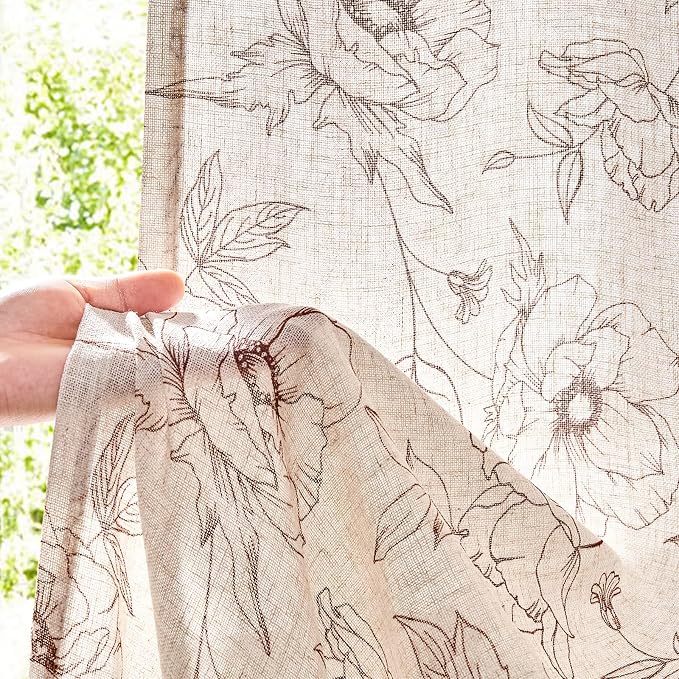 jinchan Floral Linen Curtains for Living Room 96 Inch Length Brown Flower Curtain Rod Pocket Back Tab Farmhouse Curtains with Printed Floral Bedroom Window Curtain Set, 2 Panels Brown