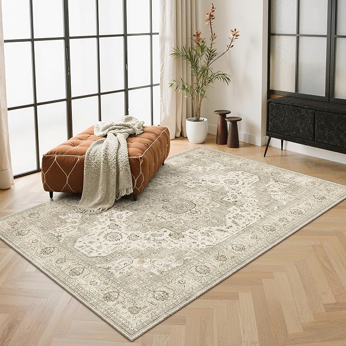 Roxstand 3x5 Area Rug - Washable Kitchen Rugs Non Slip,Soft Low Pile Small Rug for Entryway, Stain Resistant Vintage Area Rugs for Home Decor(Ivory/Beige, 3'x5')