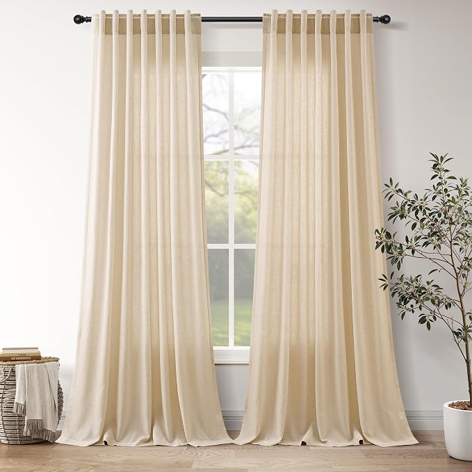 Tan Linen Curtains 96 Inches Long for Living Room Rod Back Tab Vintage Rustic Farmhouse Light Filtering Curtain Burlap Textured Linen Drapes 96 Inch Dinning Room Bedroom 52x96 8FT,2 Panels