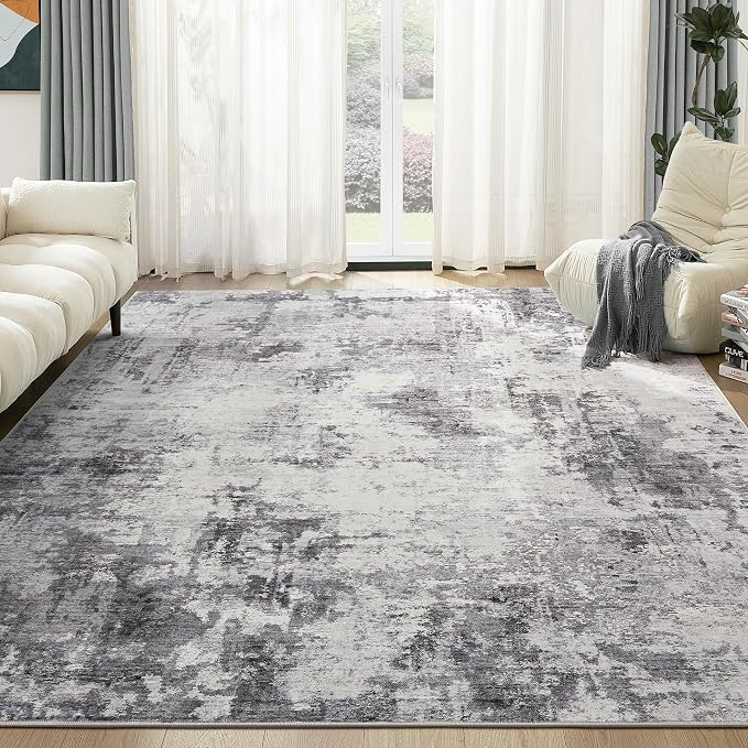 Abstract 8x10 Area Rug: Machine Washable Non Slip Ultra Thin Low-Pile Carpet, Soft Stain Resistant for Living Dining Room Bedroom, Kid Pet Friendly, Robot Vacuum Compatible - Grey