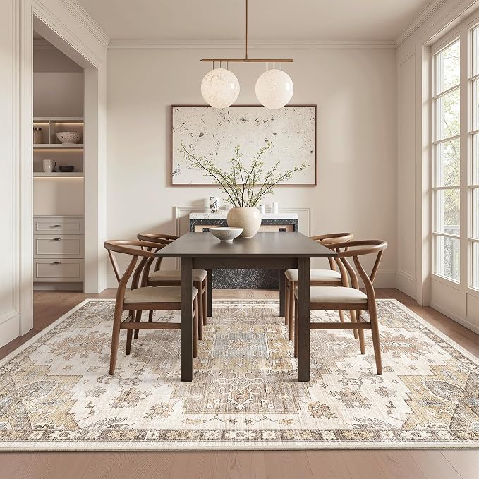 befbee 5x7 Area Rugs for Living Room, Stain Resistant Neutral Washable Rugs for Dining Rooms, Floral Vintage Non-Slip Thin Large Size Area Rug(Brown)