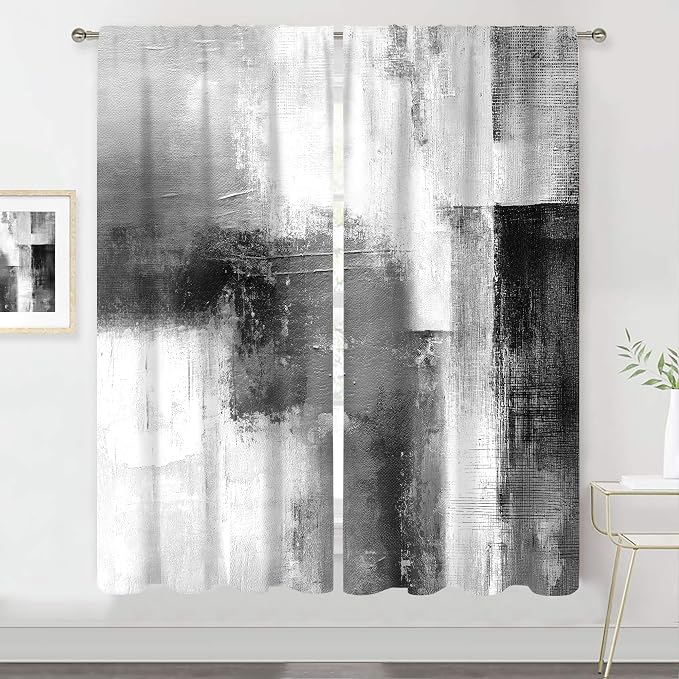 MESHELLY Abstract Grey Curtains 42W x 63H Inch Rod Pocket Rust Black White Art Painting Modern Contemporary Watercolor Cool Oil Print Living Room Bedroom Window Drapes Fabric 2 Panel