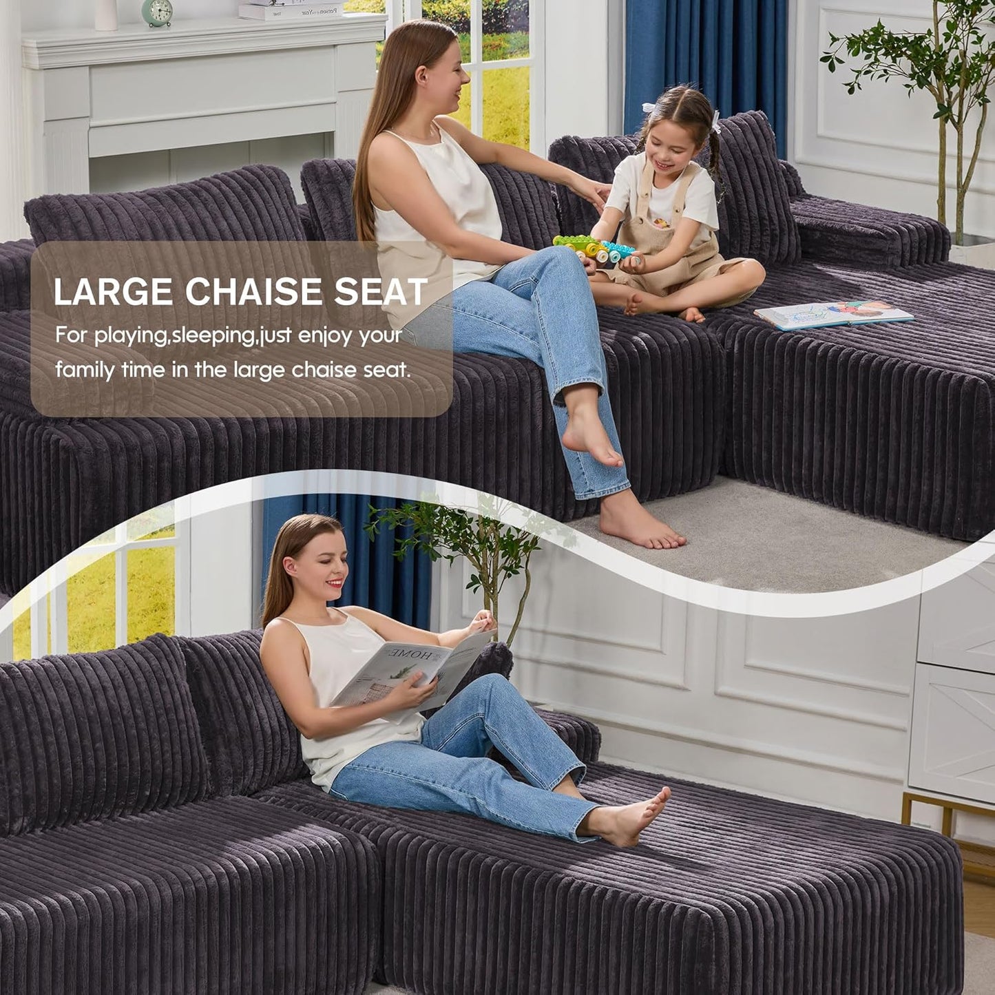 Hobestluk Modular Sectional Sofa Couches 108" L-Shape Couch 3 Seat Modular Sofa Memory Foam Sectional Couches for Living Room, Boneless Couch with Oversized Chaise (Grey, Right Facing)
