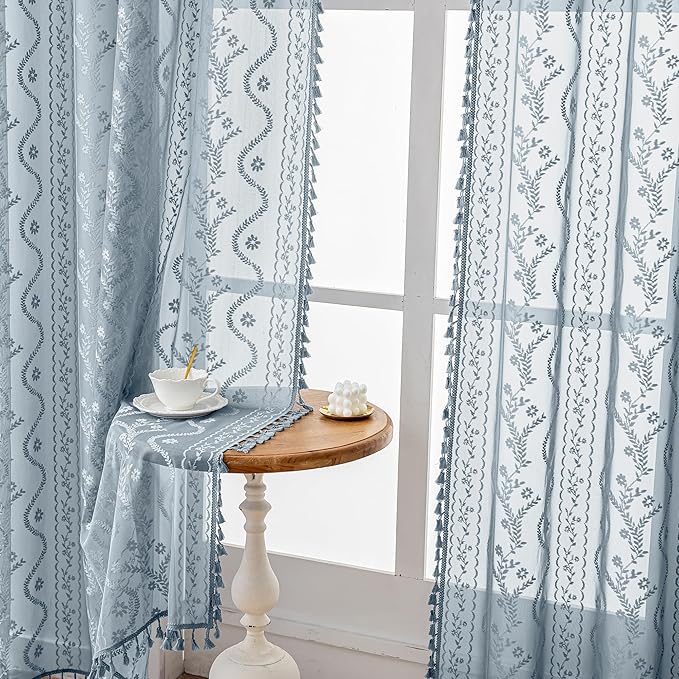 WAZZIO Boho Lace Curtains 2 Panels 84 Inch -Victorian Sheer Panel Drape French Country Floral Pattern & Tassel Light Filtering Privacy for Bedroom Dining Living Room,Coastal Decor,Dusty Blue,W52x L84
