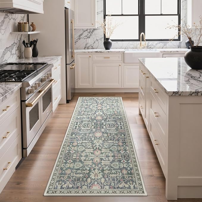 Bavni 2x8 Rug Runners for Hallways, Washable Runner Rug Non Slip,Vintage Floral Print Style Rugs for Bedroom-Lightweight Low Pile Carpet for Hallways Bathroom, Green/Blue