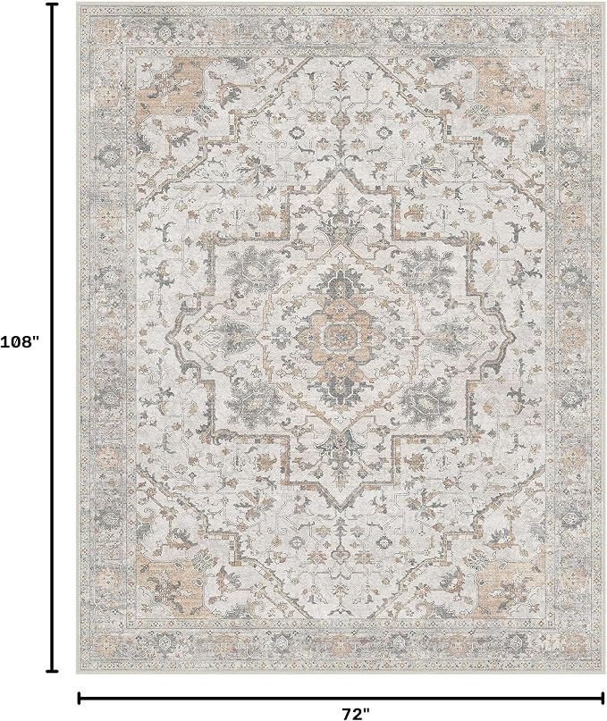 GENIMO 6x9 Area Rugs for Living Room, Machine Washable Non Slip Vintage Rugs, Low Pile Lightweight Chenille Print Rug for Bedroom, Dining Room, Home Office