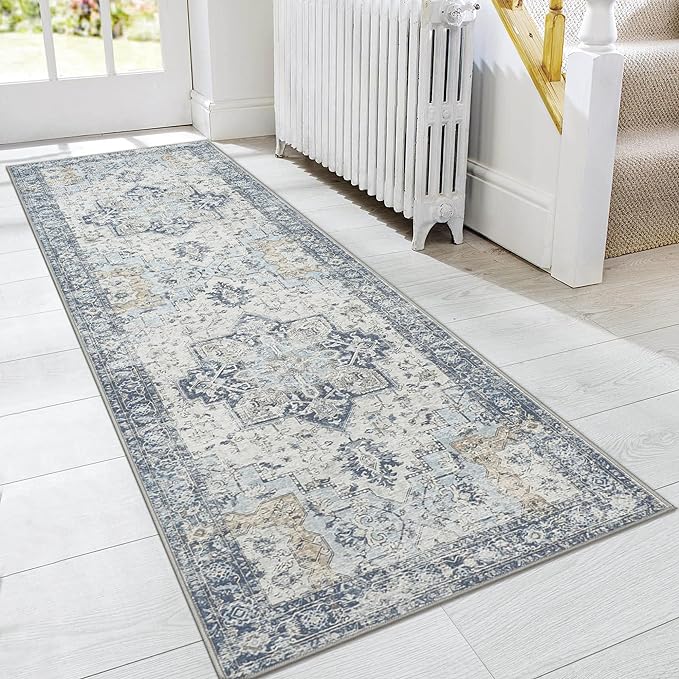GENIMO Runner Rug 2x8, Non Slip Vintage Hallway Runner Rugs, Low Pile Lightweight Machine Washable Mat for Hallway, Entryway, Bedroom, Kitchen and Corridor, Blue