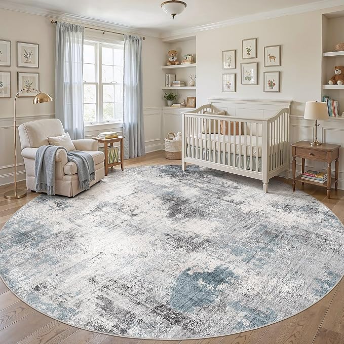 Abstract 12FT Round Rug: Machine Washable Non Slip Ultra Thin Low-Pile Carpet, Soft Stain Resistant for Living Dining Room Bedroom, Kid Pet Friendly, Robot Vacuum Compatible - Grey Blue