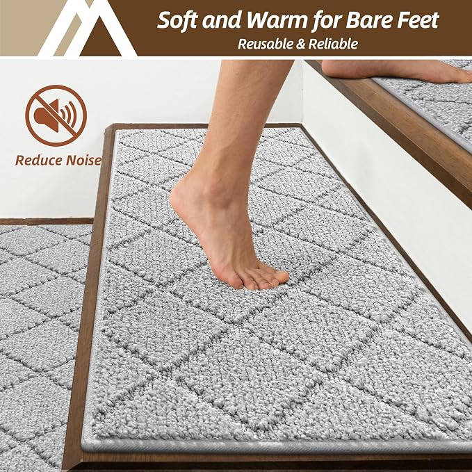 COSY HOMEER Stair Treads for Wooden Steps 11"x30" Washable Indoor Carpet Stair Treads Non Slip Soft Polyester Stair Carpet Tread Reusable Stair Runner Rugs for Kids, Elders,Pets,Grey,4pcs