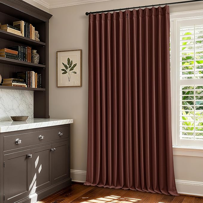 Chestnut Brown 100 Inch Floor Length Linen Blackout Curtains for Bedroom Pinch Pleated Black Out Thermal Insulated Window Drapes Light Blocking Double Layer Soundproof 100 Inch Curtain 2 Panels