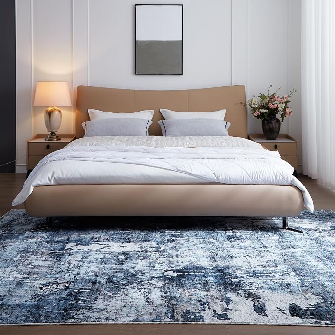 Rugcomf Area Rug 5x7 Washable Rug Boho Soft Abstract Pattern Non-Slip Non-Shedding Faux Wool Vintage for Living Room, Bedroom, Farmhouse, Dining Room, Indoor, Kids Playroom, Blue