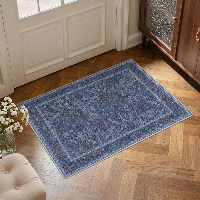 GENIMO 2x5 Washable Kitchen Runner Rug, Non Slip Hallway Mat, Navy Slate | Vintage Boho Floral Low Pile Thin Mat for Entryway, Kitchen, Bedroom, Indoor Decor